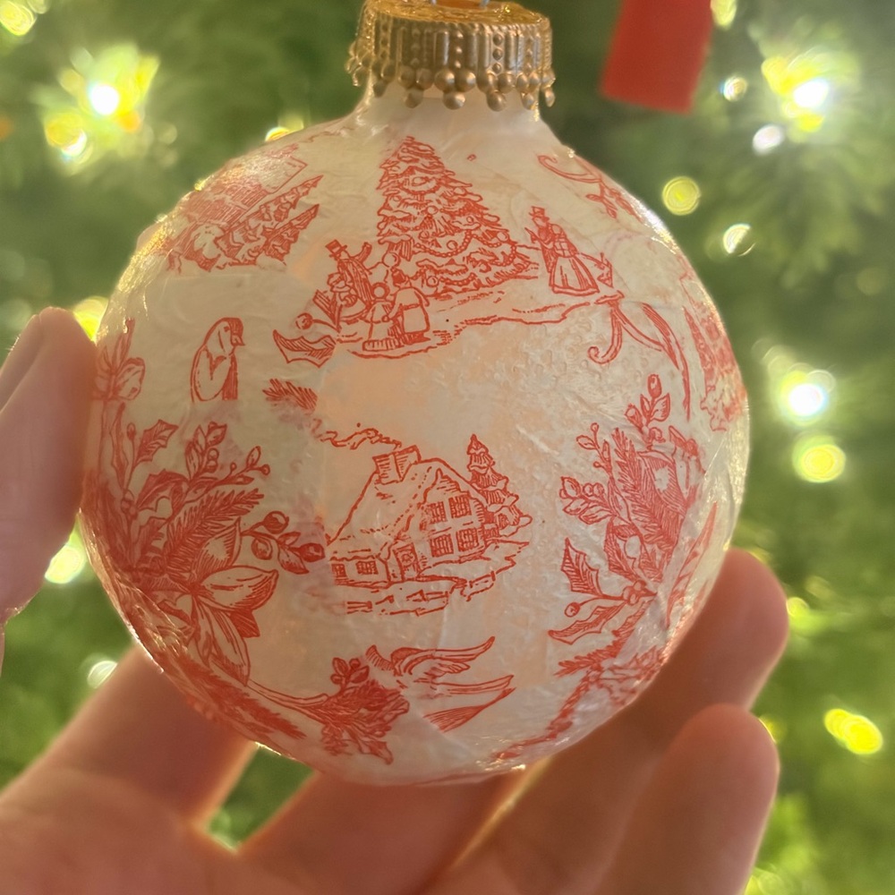 Toile red and white Christmas ornament